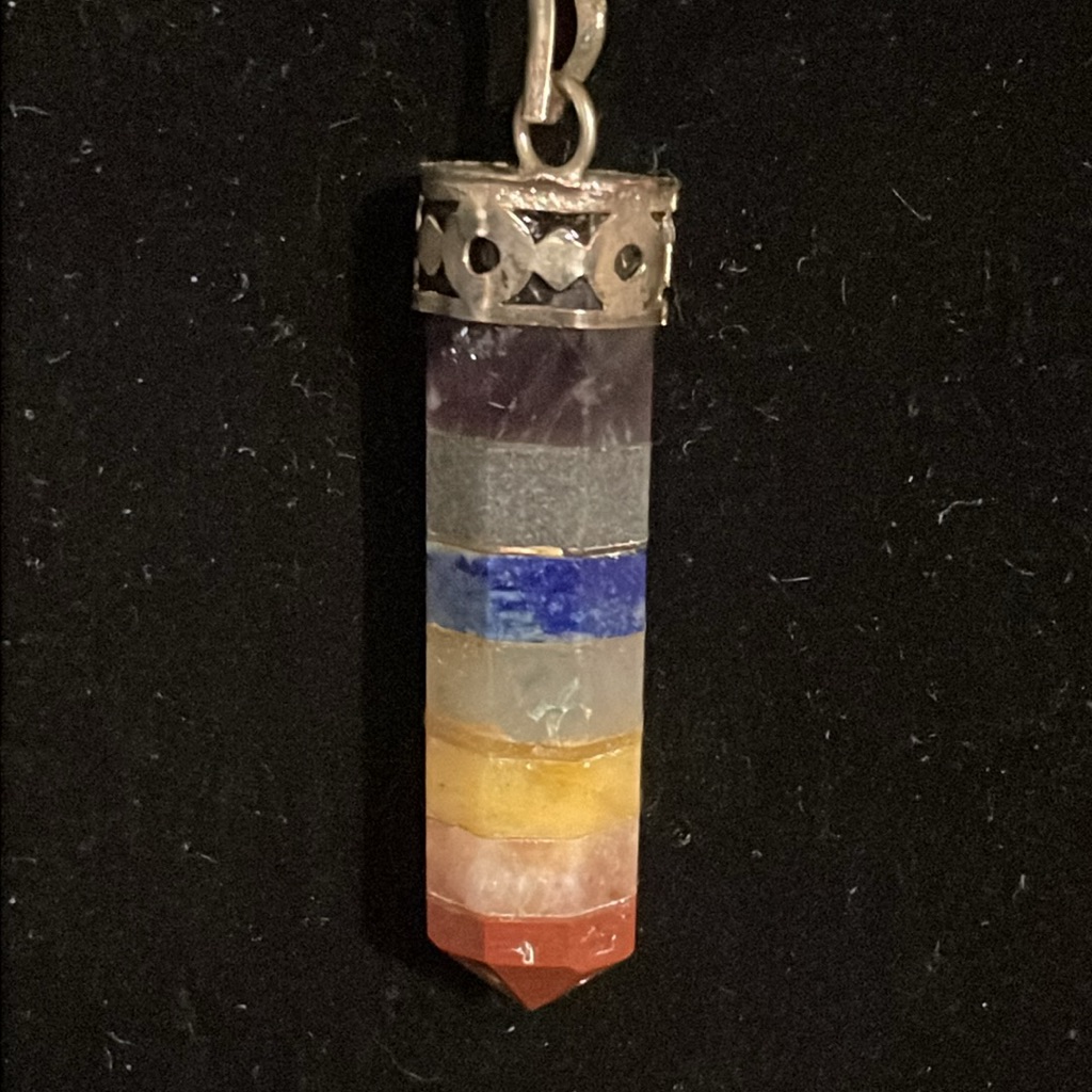 Faceted 7 Chakras Rainbow Pointed Crystal Mounted On Silver Tone 20 Inch Chain